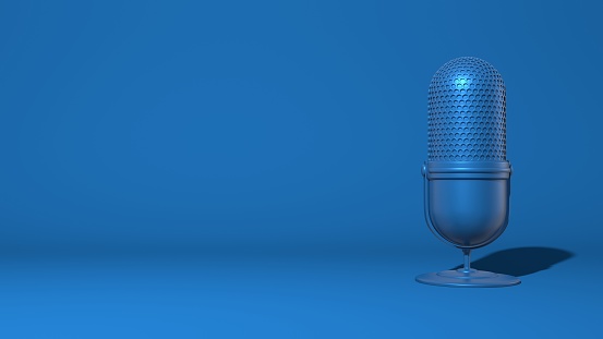 Modern microphone for a stream, video blogger. Stylish minimal abstract horizontal scene, place for text. Trendy classic blue color. 3D rendering