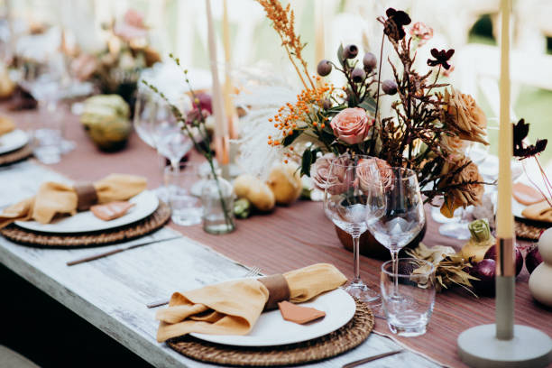 Wedding table decoration rustic style Beautiful wedding table decoration and setting in rustic / village style. Italian wedding. wedding ceremony stock pictures, royalty-free photos & images