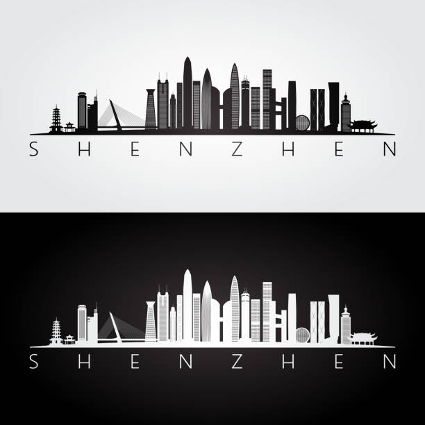ilustraciones, imágenes clip art, dibujos animados e iconos de stock de silueta del horizonte de shenzhen y los puntos de referencia, diseño en blanco y negro, ilustración vectorial. - shenzhen