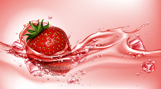 Strawberry with juice splash, realistic vector illustration. Ripe sweet red berry with green leaf and seeds in flowing liquid with ice cubes and air bubbles, soda drink package design