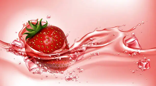Vector illustration of Strawberry with juice flowing splash, realistic