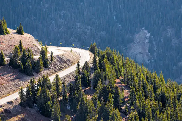 Independence Pass highway 82 rocky mountain high angle view of switchback on road in Colorado autumn at continental divide