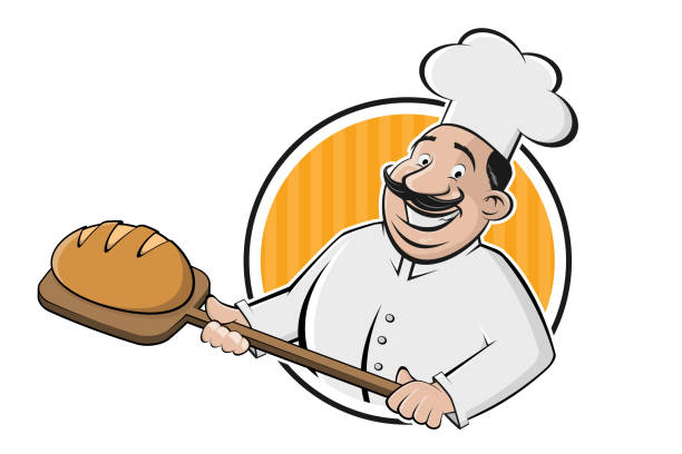 おいしいパンを持っているパン屋の面白い漫画のサイン - baker bakery chef bread点のイラスト素材／クリップアート素材／マンガ素材／アイコン素材