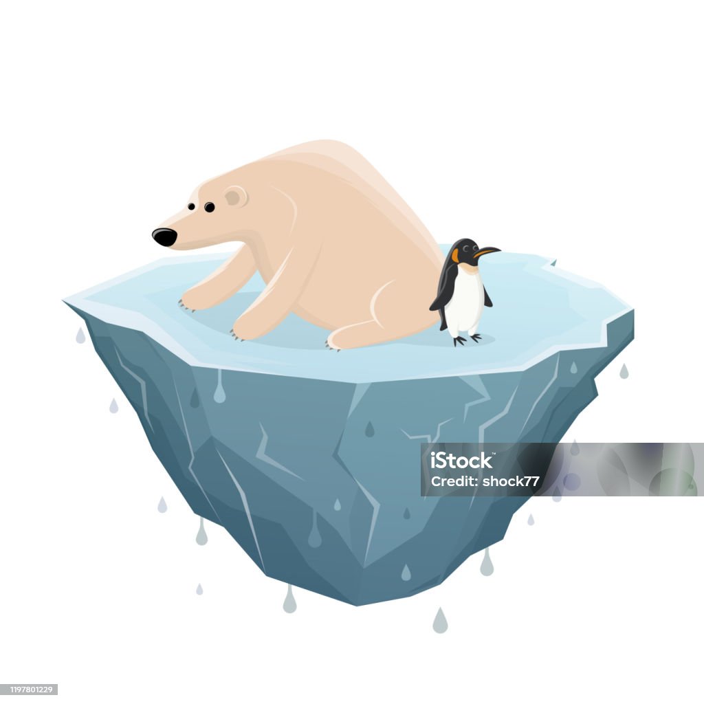 Cartoon-Illustration eines traurigen Eisbären und Pinguins auf einer schmelzenden Eisscholle - Lizenzfrei Abwarten Vektorgrafik