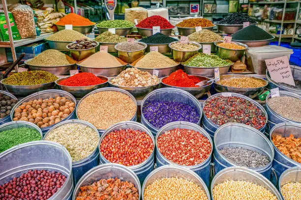 10/05/2019 Kerman,
Kerman Province
Iran, a huge variety of spices and herbs on a counter on a traditional Iranian eastern bazaar