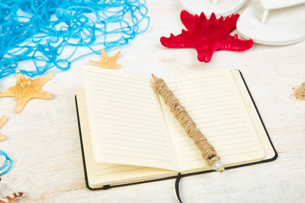 istock Notebook, starfishes and seashells, glass with sand on white background top view. Planning summer holidays, trip, travel and vacation concept. Flat lay style. 1197803402