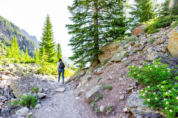 Maroon Bells trail view in Aspen, Colorado with woman backpack hiker walking in July 2019 summer on path road view