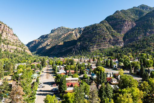 Ouray high angle aerial view of small town in Colorado with city main street historic architecture