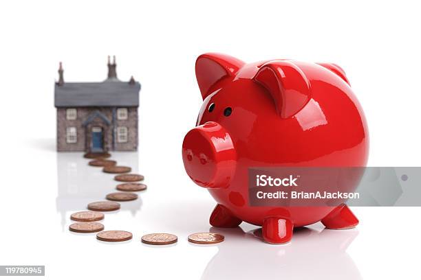 Saving To Buy A House Stock Photo - Download Image Now - Piggy Bank, Red, Cut Out