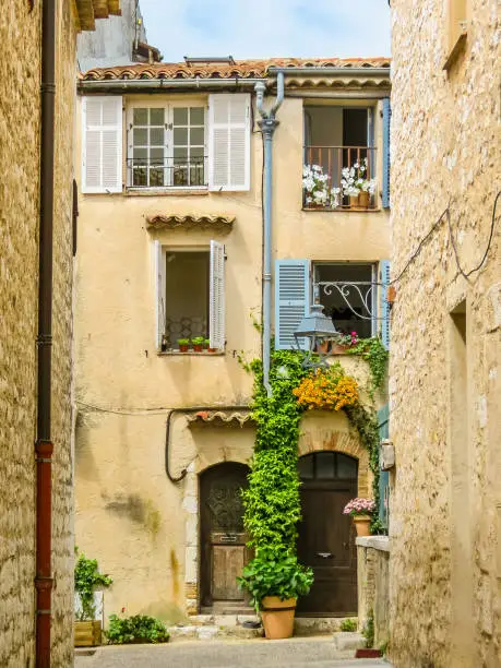 Narrow streets surrounded by medieval walls. Saint-Paul de Vence, France