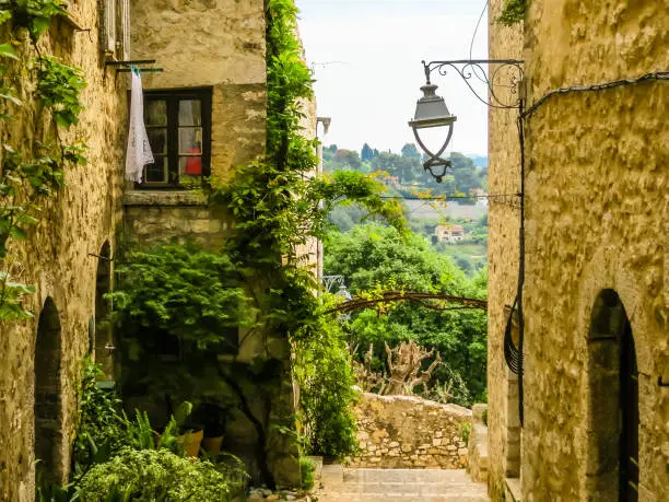 Narrow streets surrounded by medieval walls. Saint-Paul de Vence, France