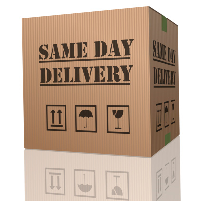 cardboard box with text same day delivery isolated on white concept for online order shipping