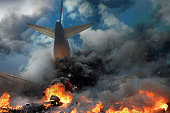 Plane crash, plane on fire and smoke. Fear of Air Travel Concept