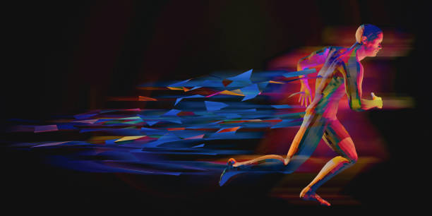 istock Low poly runner with small traingle on black background. Speed, run, technology concept. 3D illustration 1197813972