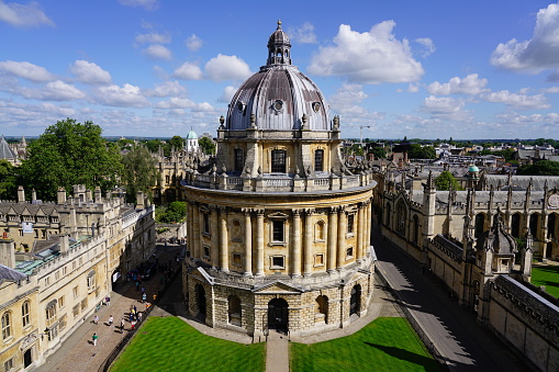 Oxford, England, UK - 2 July 2019: Capture the amazing architecture and exterior design of the historical heritage landmark, Radcliffe Camera in Oxford University.
