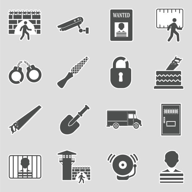 Prison Break Icons. Sticker Design. Vector Illustration. Jail, People, Break, Law bounty hunter stock illustrations