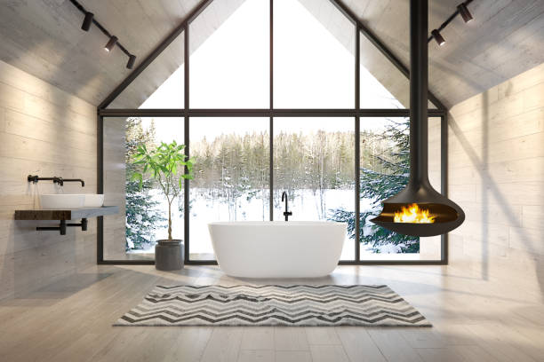 istock Interior bathroom of a forest house 3D rendering 1197816073