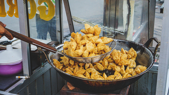 Close Up Fried Meatball en Frying Pan, Indonesian Street Food, Bakso Goreng photo