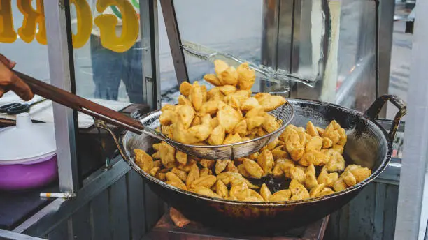 Photo of Close Up Fried Meatball on Frying Pan, Indonesian Street Food, Bakso Goreng