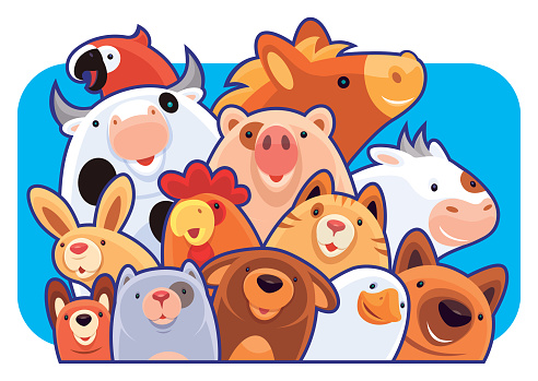 vector illustration of group of domestic animals gathering