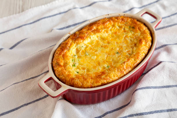 istock Homemade Cheese Corn Pudding Casserole on cloth, low angle view. Close-up. 1197821492