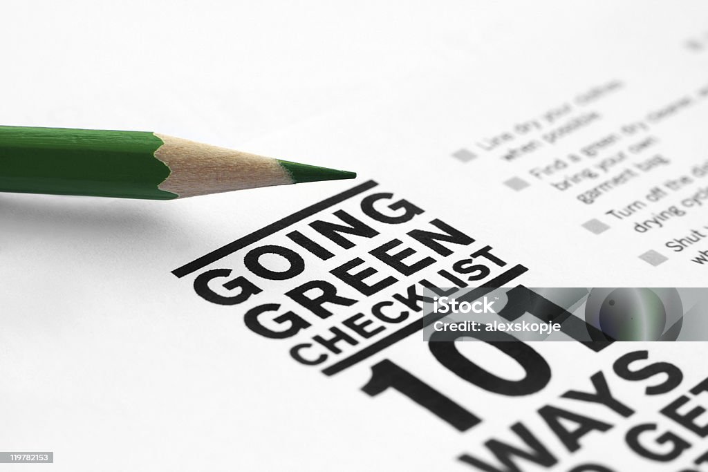 A worksheet explaining many ways to go green Close up of going green checklist Assistance Stock Photo