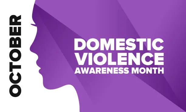 Vector illustration of Domestic Violence Awareness Month in October. Celebrate annual in United States. Awareness purple ribbon. Day of Unity. Prevention campaign. Stop women abuse. Poster, banner and background. Vector