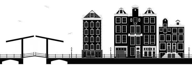 Vector illustration of Canal houses and bridge Amsterdam Centrum