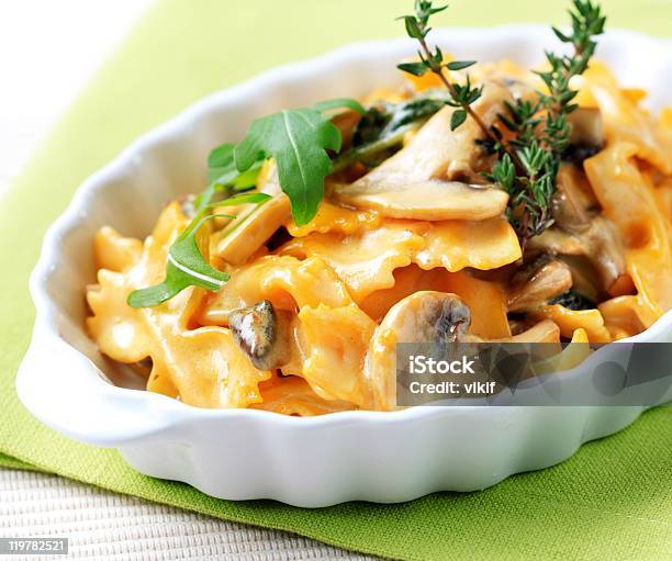 Farfalle With Mushrooms Stock Photo - Download Image Now - Bow Tie Pasta, Casserole Dish, Close-up