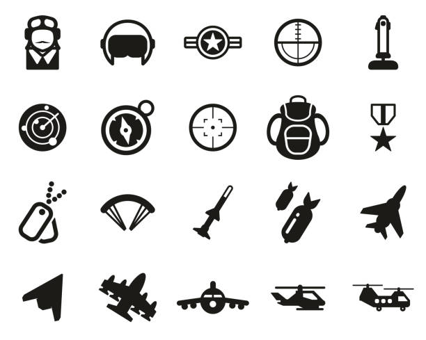 ilustrações, clipart, desenhos animados e ícones de ícones da força aérea black & white set big - fighter plane military airplane air force military