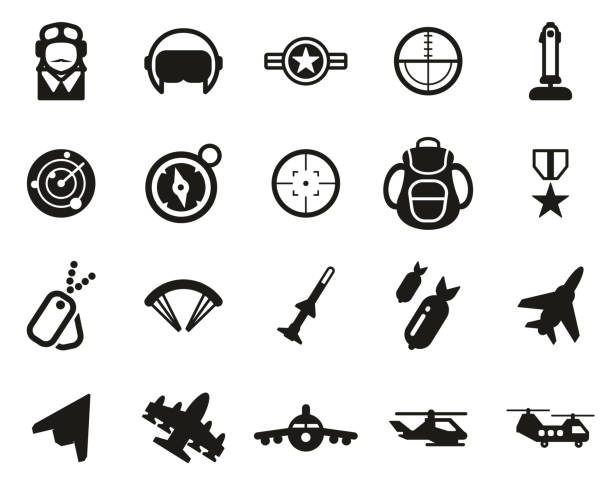 военно-воздушные силы иконы черный и белый набор большой - air force fighter plane pilot military stock illustrations