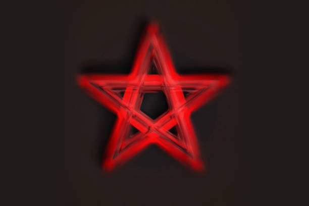 reversed pentagram symbol. wiccan symbols- cross of sulfur. blood red runic spell circle. satanic sign, magic casting ring. pentalpha, pentangle. 3d illustration. - pentangle imagens e fotografias de stock