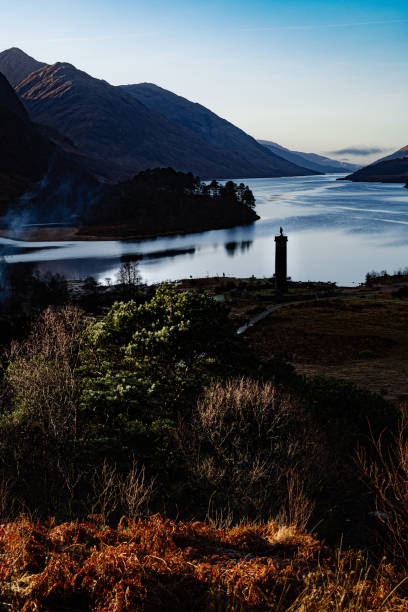 GlenFinnan Monument, on the route between Fort William and Mallaig in the Highlands of Scotland. Site of the raising of the Jacobite Standard in 1745 where Bonnie Prince Charlie met many of the Clan Chiefs of Scotland, the monument was built in 1815, with the statue on the top in 1835.
