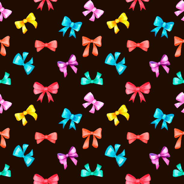 Watercolor bows on a black background.  Seamless pattern. Watercolor bows on a black background.  Seamless pattern. Multicolor: red, blue, green, yellow, purple, pink. Design for backgrounds, wallpapers, textile, covers and packaging. blue rose against black background stock illustrations