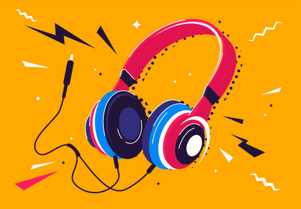 ilustrações de stock, clip art, desenhos animados e ícones de vector illustration of headphones with a plug and decorative elements around - modern music