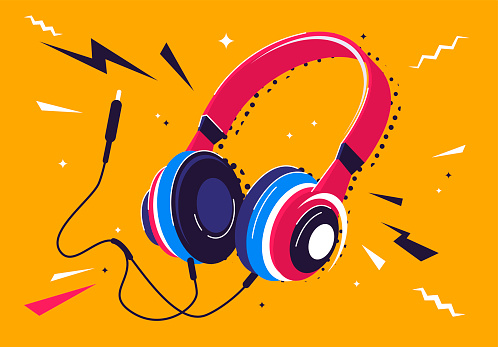Vector illustration of headphones with a plug and decorative elements around
