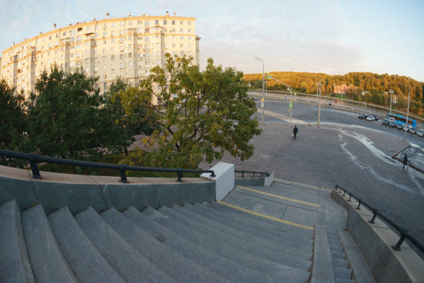 Big staircase in sunny day. Fish eye lens. Concepts of lifestyles.