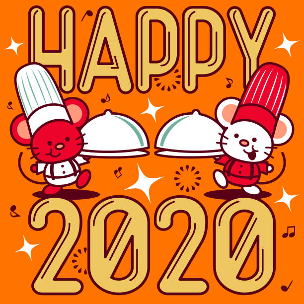 ilustrações de stock, clip art, desenhos animados e ícones de cute mouse chef holding a domed tray, year of the rat happy chinese new year - cartoon chef mouse rat