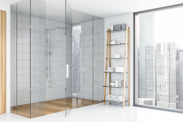istock White tile bathroom corner with shower 1197831687