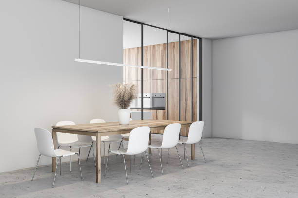 istock White and wooden dining room and kitchen 1197831922