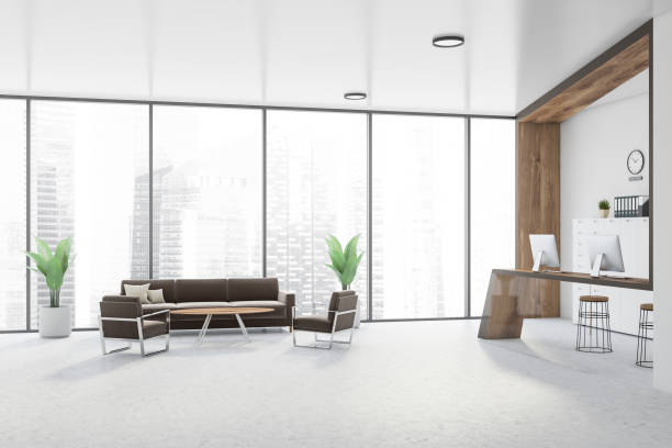 istock White office waiting room with brown sofa 1197832384