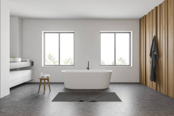 istock Interior of white and wooden bathroom 1197833272