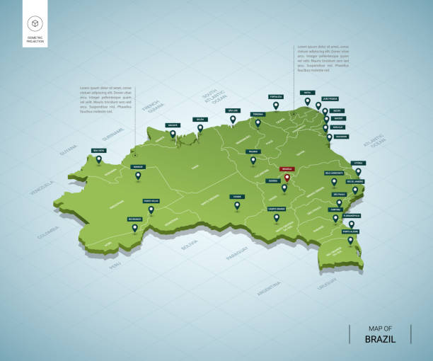 ブラジルの様式化された地図。都市、国境、首都、地域を含む等角投影 3d グリーン マップ。ベクターの図。編集可能なレイヤーは明確にラベル付けされています。英語。 - capital cities点のイラスト素材／クリップアート素材／マンガ素材／アイコン素材