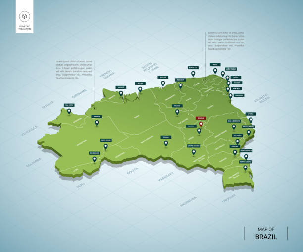 巴西風格化地圖。具有城市、邊界、首都、區域的等軸測 3d 綠色地圖。向量插圖。可編輯的圖層清楚地標記。英語。 - brazil 幅插畫檔、美工圖案、卡通及圖標