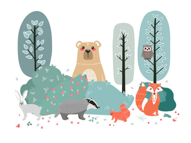 ilustrações de stock, clip art, desenhos animados e ícones de cute animals on the background of the forest, trees, plants. bear, fox, squirrel, hare, raccoon, owl. forest animals. vector illustrations in the scandinavian style - scandic