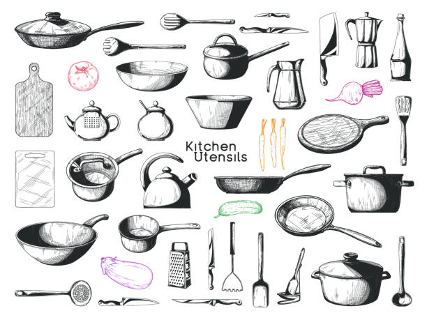 ilustrações, clipart, desenhos animados e ícones de esboço realista de utensílios de mesa. grande conjunto de pratos. vetor - kitchen utensil illustrations