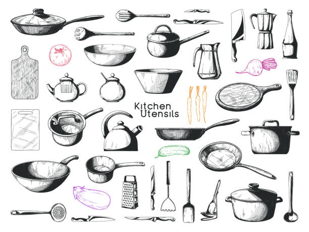 реалистичный эскиз посуды. большой набор блюд. вектор - kitchen equipment illustrations stock illustrations