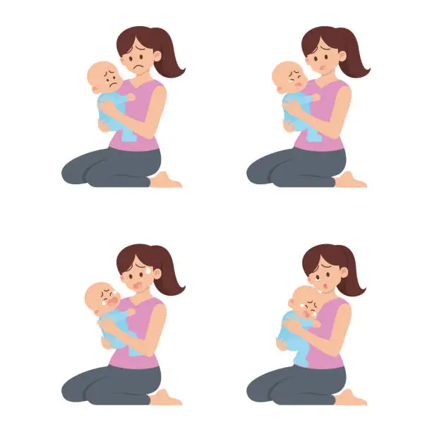 Vector illustration of Mother holding sad baby set