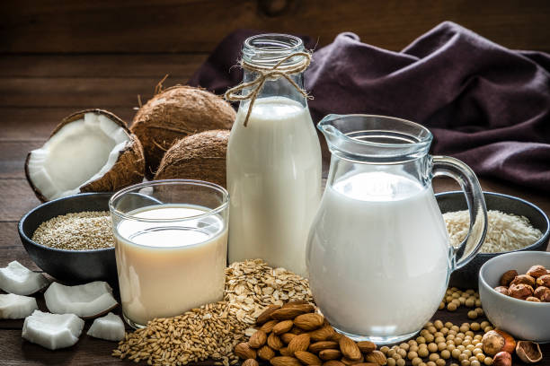 Various kinds of vegan milk Front view of a drinking glass, a bottle and a jug filled with fresh organic vegan milks surrounded by oat flakes, soy beans, quinoa seeds, rice grains, spelt grains, hazelnuts, almonds and coconuts pieces. Low key DSLR photo taken with Canon EOS 6D Mark II and Canon EF 24-105 mm f/4L vegan stock pictures, royalty-free photos & images