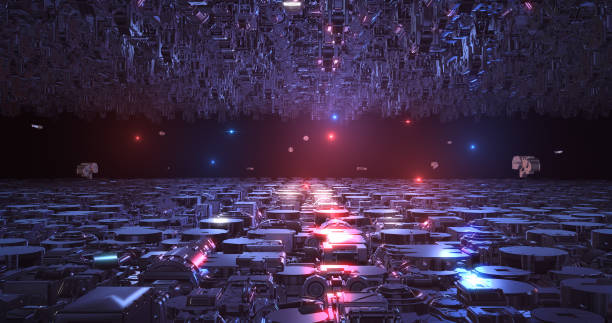 istock Alien Spaceship Fleet Slowly Moving Forward In Infinite Space 3D Illustration Render 1197839830